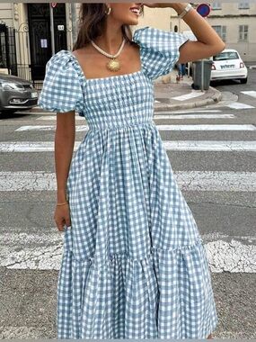 NWOT ASOS Blue and White Gingham Puff-Sleeve Maxi Dress